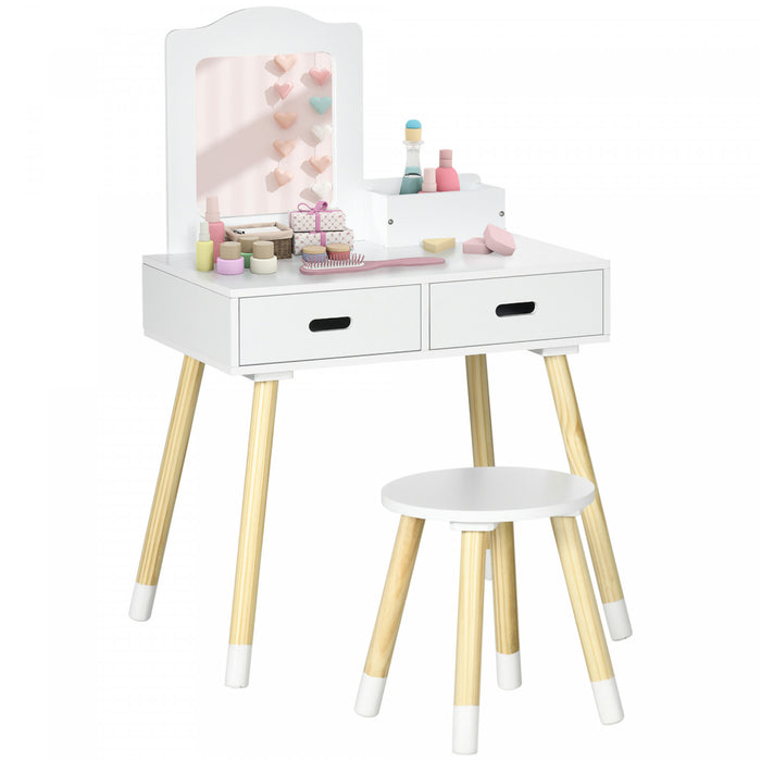 Qaba Ensemble de Coiffeuse avec Miroir et Tabouret pour Enfants, Blanc