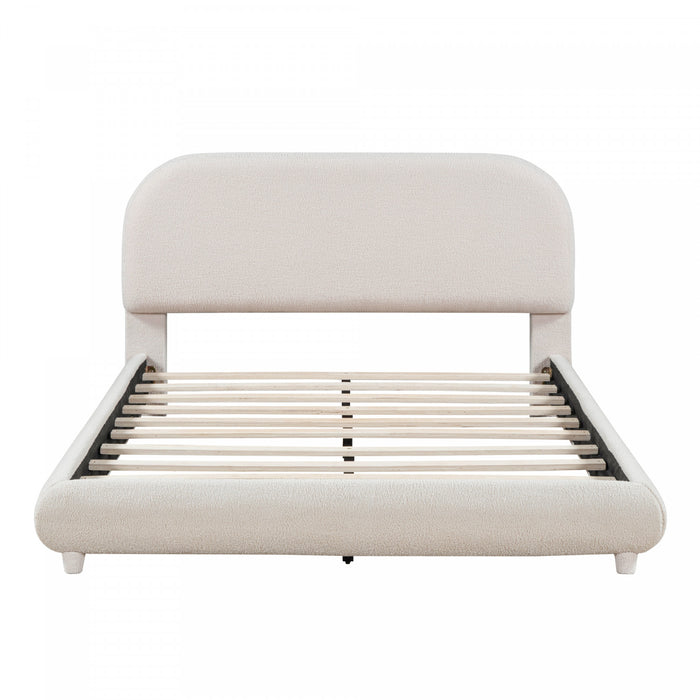 Lit plateforme Sophie rembourre en polaire Teddy avec tissu doux et cadre robuste, taille Queen, beige