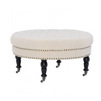 Pouf rond Isabelle capitonné en tissu - naturel