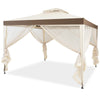 Tonnelle Pavillon De Jardin En Fer Et Polyester, Tente De Reception Avec Moustiquaire Et Toiles Laterales Amovibles Et Impermeables, Tente De Jardin A 4 Cotes 300 X 300 X 200/265 Cm, Beige&brun