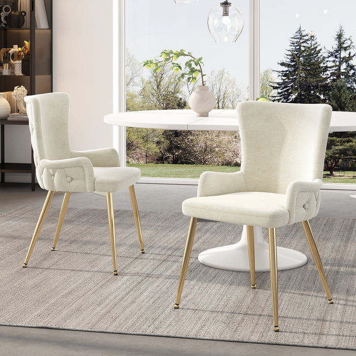 Chaises de salle a manger Luna en velours avec revetement capitonne et pieds metalliques dores, lot de 2, beige