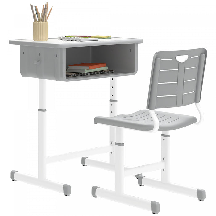 Qaba Ensemble bureau et chaise pour enfants, bureau et chaise d'etude reglables en hauteur avec grand tiroir, table d'etude pour chambre et salle d'etude, gris