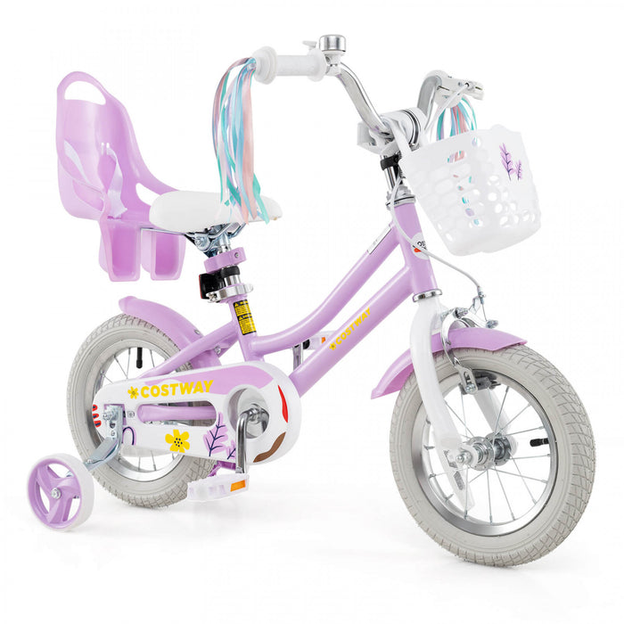 Costway 12 Pouces Enfants Velo Avec Roues D'entrainement Poupee Siege Panier Streamers Frein A Main Violet