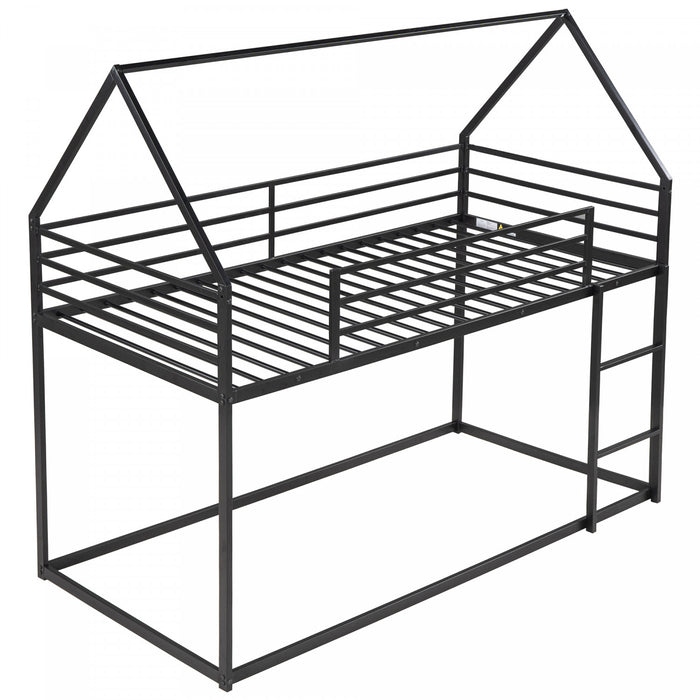 Lits superposes Liam en forme de maison avec echelle integree et cadre en metal, taille Twin sur Twin, noir