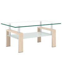 Table basse moderne rectangulaire en verre trempe transparent Liam, finition chene