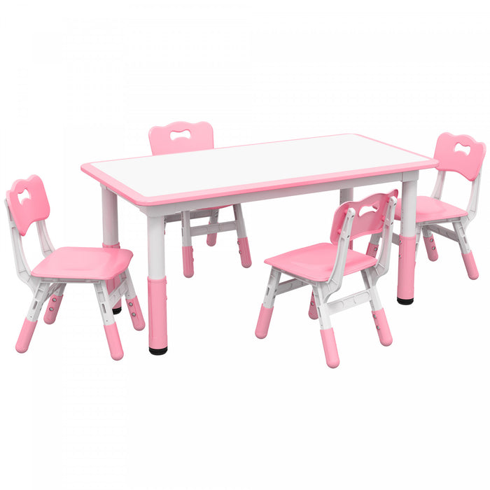Qaba Ensemble De Table Et Chaises Pour Enfants Avec 4 Chaises, Hauteur Reglable, Surface De Table Facile A Nettoyer, Pour 1.5 A 5 Ans, Rose
