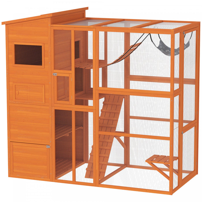 Pawhut Catio Enclos D'exterieur Pour Chat, 76\" De Long, Grande Maison Resistante Aux Intemperies Avec Plates-formes De Saut, Echelle, Rampes, Hamac Pour 2-3 Chats, Orange
