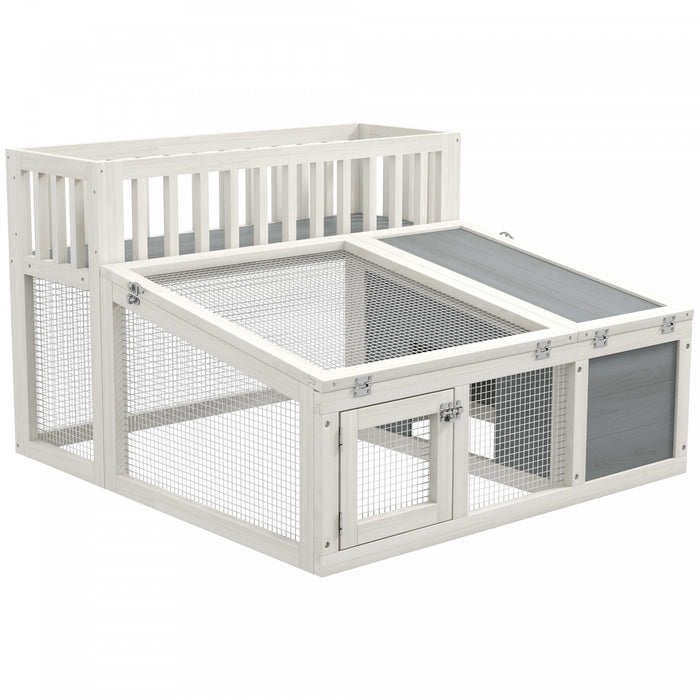 Pawhut Clapier A Lapin Exterieur Et Interieur Avec Etagere De Rangement, Cage A Lapin En Bois Pour Cochon D'inde Avec Enclos, Dessus Ouvrant, Pour 1 A 2 Lapins, 37\" X 35\" L X 24\", Gris