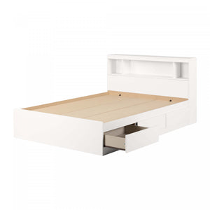 Reevo Ensemble Lit Double Avec Tete De Lit Bibliotheque - Blanc Solide