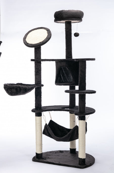 Arbre A Chat Pawhut 152 Cm Pour Grands Chats Adultes, Grande Tour A Chat Avec Griffoirs Et 2 Hamacs, Niche A Niveaux Multiples En Peluche Pour Chatons D'interieur Avec Balles Suspendues, Gris Fonce