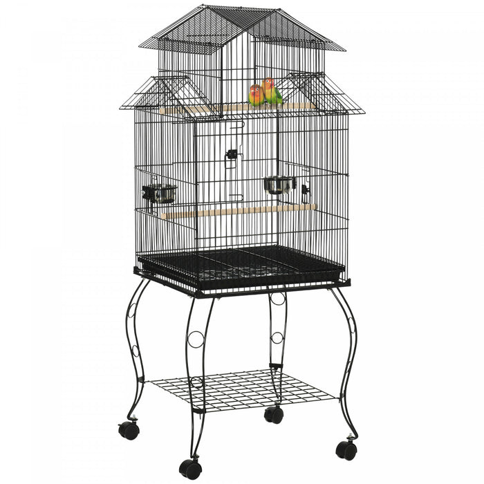 Pawhut 53,9\" Grande Cage A Oiseaux Roulante En Acier Avec Support Roulant Amovible, Etagere De Rangement, Perchoir En Bois, Recipient Alimentaire, Noir