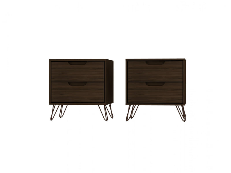 Table de nuit Rockefeller Mid-Century Modern 20\" en brun chataigne (2 tiroirs) - Lot de 2