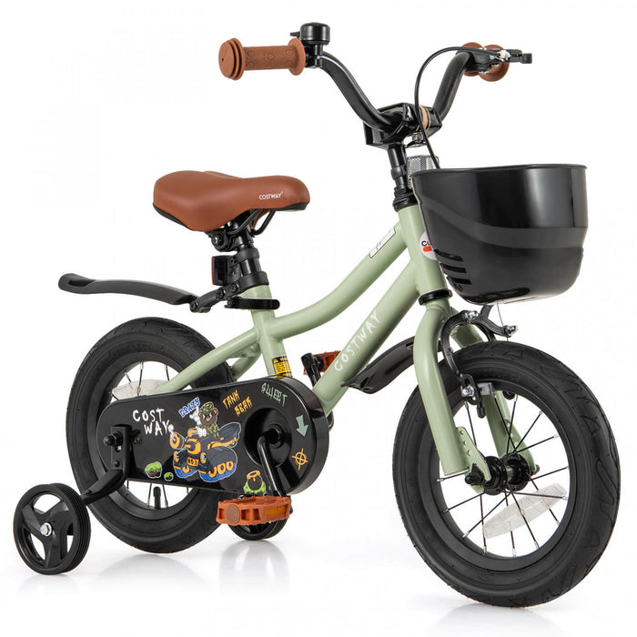 Costway 12\" Velo Pour Enfants Avec Roues D'entrainement Guidon Reglable Et Frein A Main Du Siege Vert