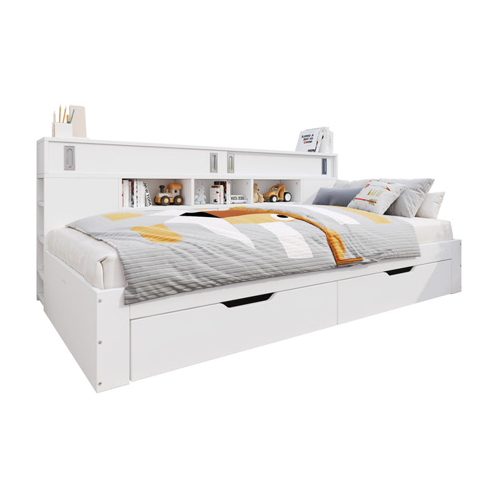 Banquette-lit Liam avec tiroirs de rangement et etageres integrees, taille full, blanc