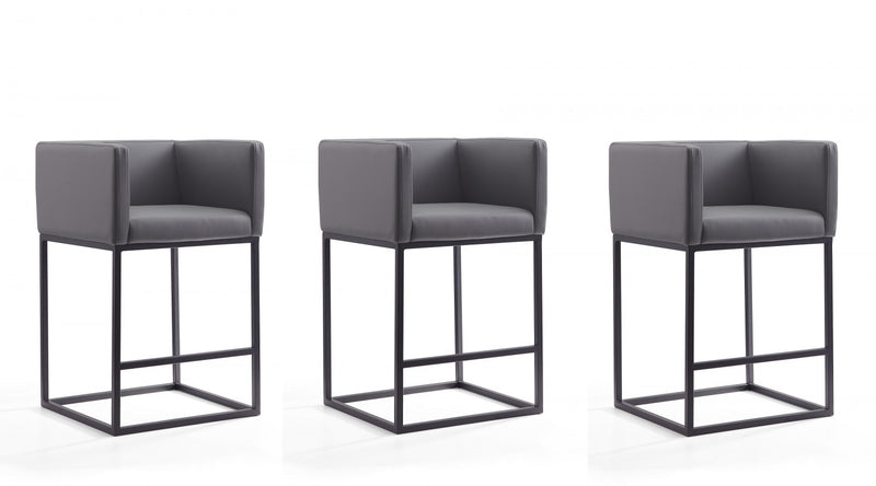 Tabouret de comptoir Embassy style milieu du siecle en metal et tissu gris - Lot de 3