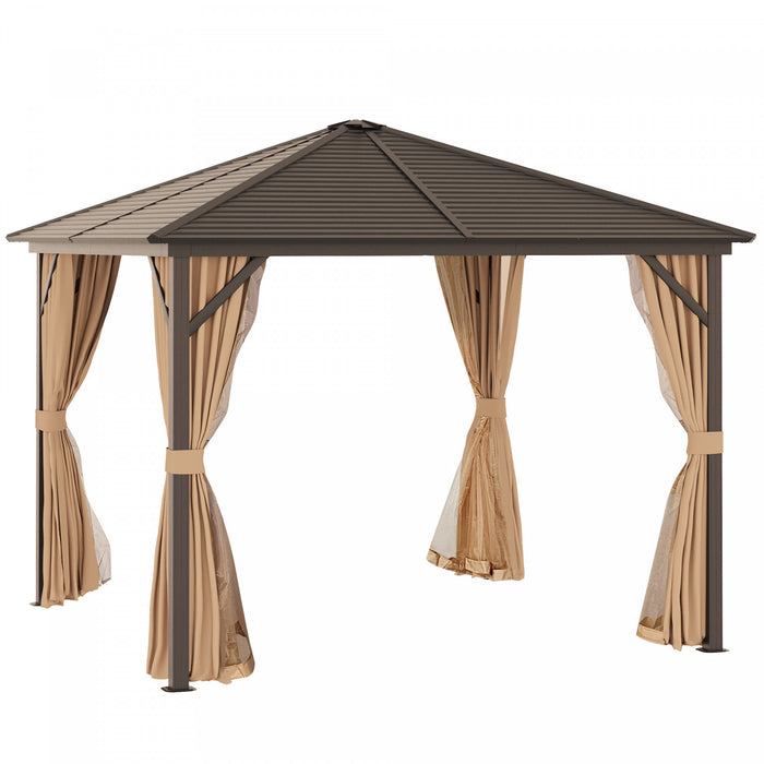 Outsunny 10' X 10' Acier Hardtop Gazebo Garden Sun Shelter Avec Moustique Crochet De Suspension Pour Filets Et Rideaux Cadre Abri De Jardin En Acier Dur Avec Moustiquaire Et Rideaux