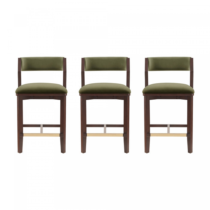 Tabouret de comptoir moderne en bois Patricia avec revetement en tissu vert tortue - Lot de 3