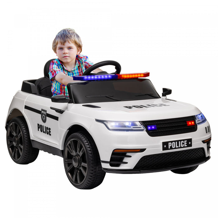 Qaba Voiture Electrique 12 V Pour Enfants, Voiture De Police Pour Enfants Alimentee Par Batterie Avec Telecommande, 4 Roues A Suspension A Ressort, Musique, Lumiere, Klaxon, Blanc