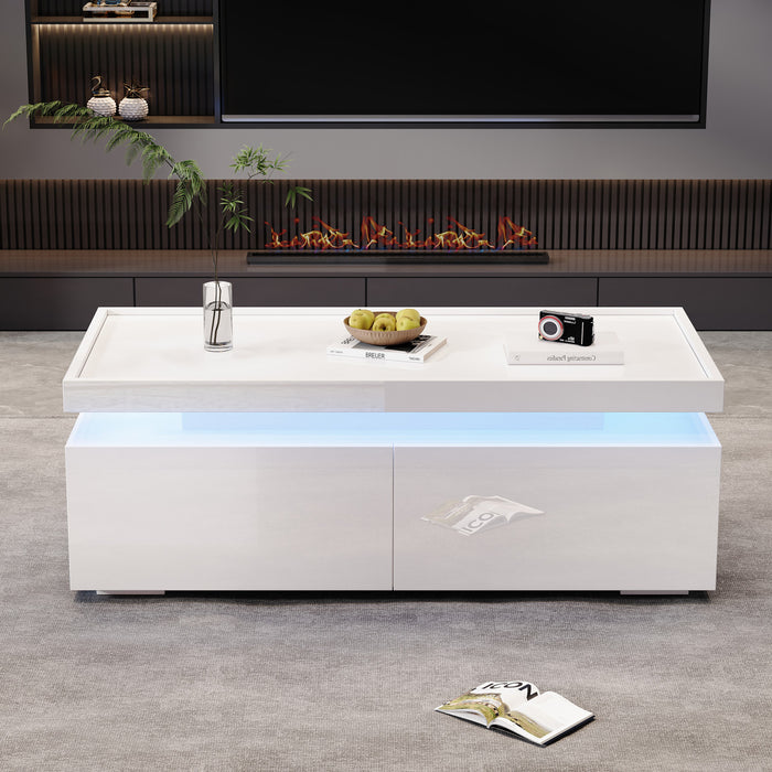 Aiden table basse LED – table basse avec tiroirs de rangement et eclairage controle par application, blanc