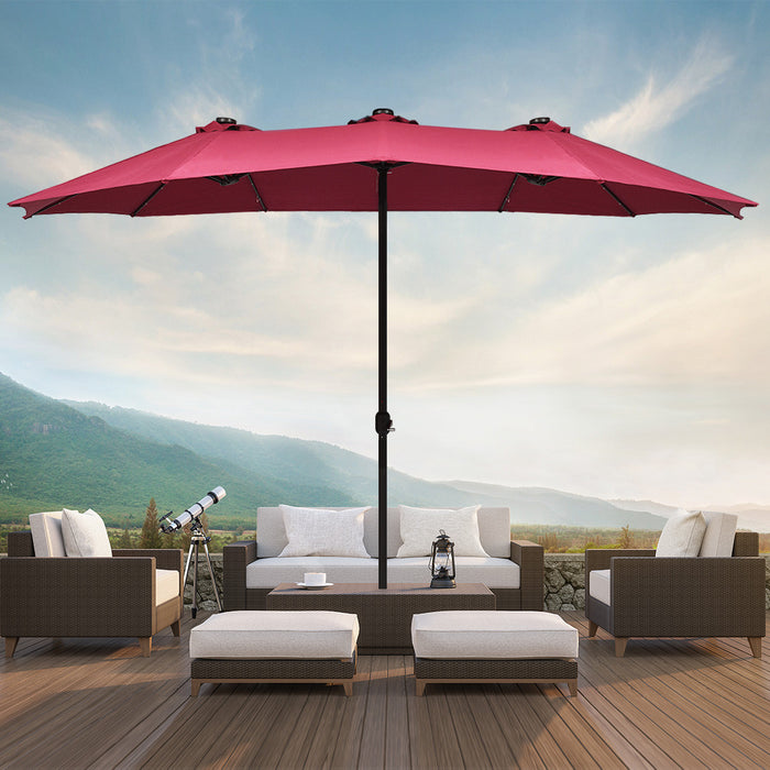 Costway Parasol de marche double-face solaire LED 15Ft Patio avec manivelle Bourgogne