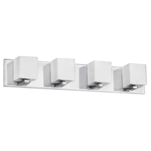 Lumière de coiffeuse Verona de Dainolite avec abat-jour en verre blanc, fini chromé poli et 4 ampoules