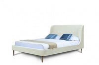 Lit Queen Heather style milieu du siecle moderne, rembourre en velours creme et or