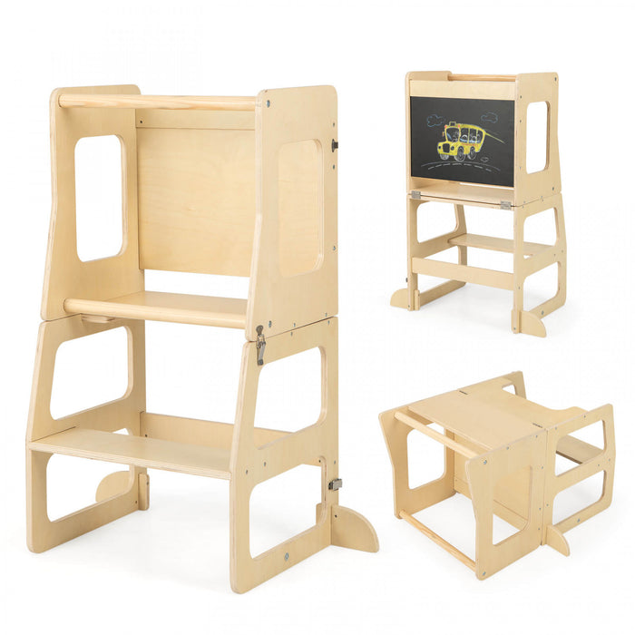 Costway 3-en-1 Cuisine Pliable Tour Debout Pour Tout-petits Avec Tableau A Crais Table De Sevrage Naturelle