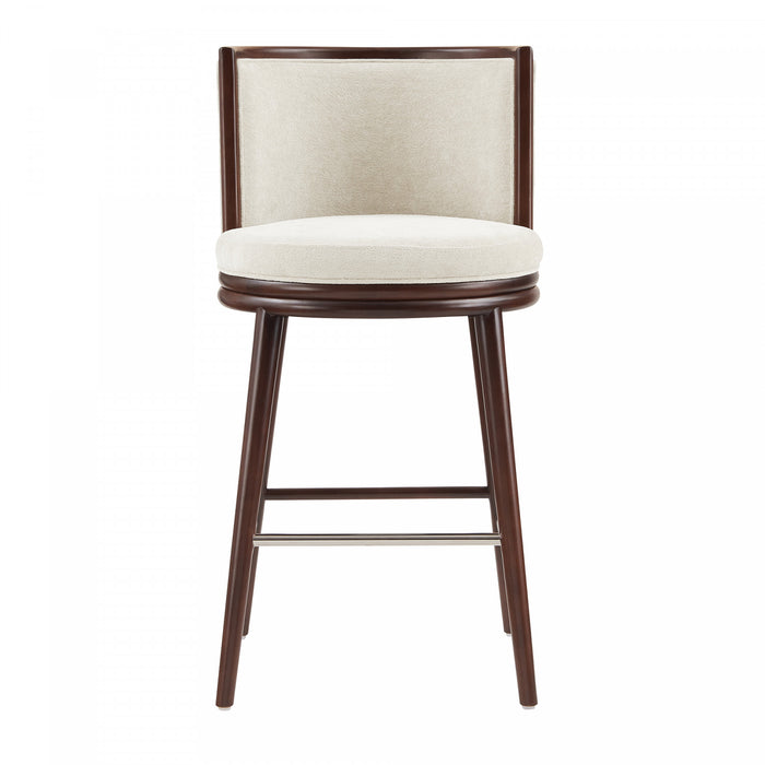 Tabouret de bar moderne en bois avec revetement en tissu creme Evalyn