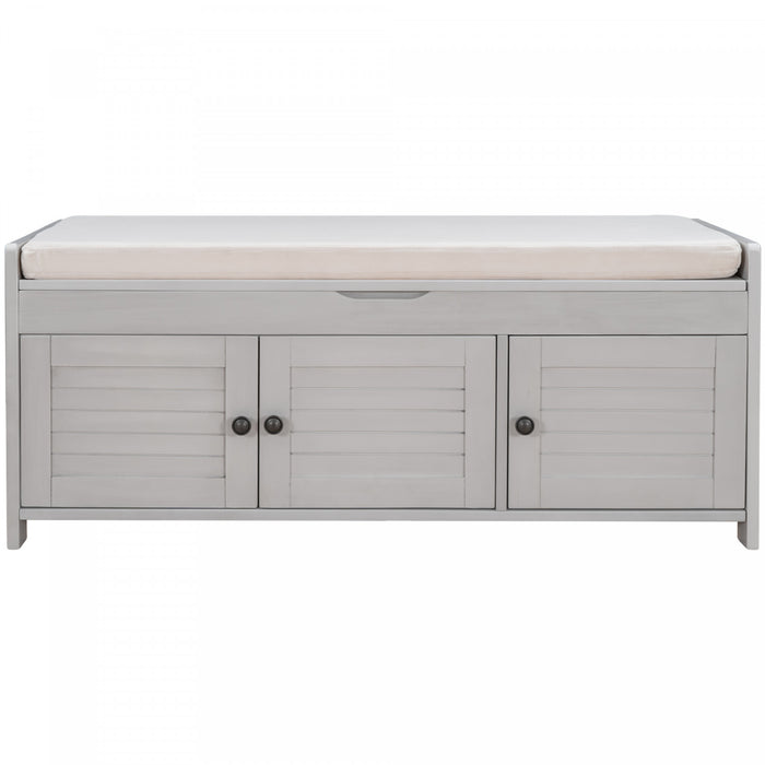Banc De Rangement Olivia En Pin Avec Meuble A Chaussures 3 Portes Et Compartiment Cache, Gris Patine
