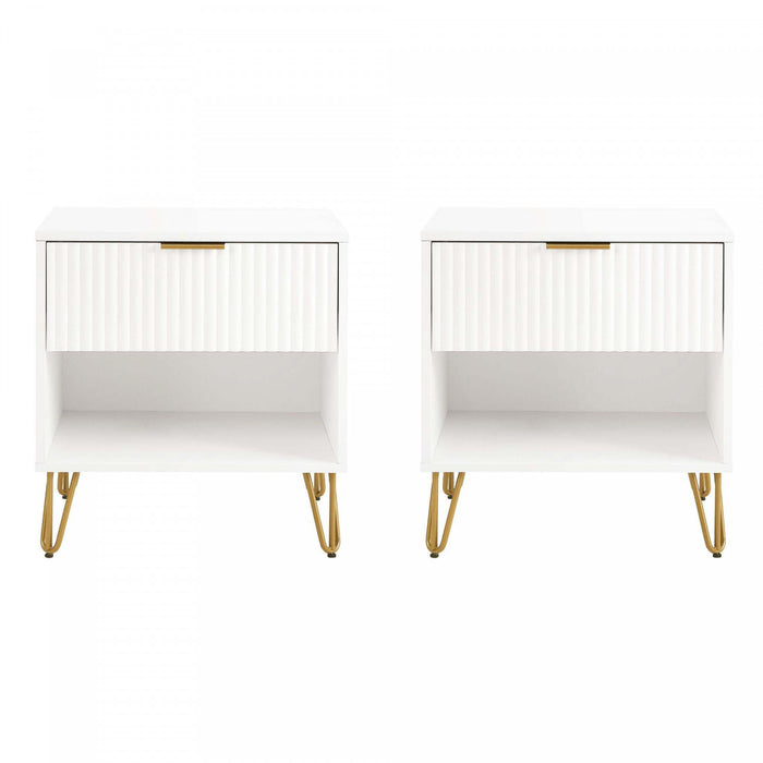 Table de nuit moderne Dumbo 20\" a cannelures en blanc (1 tiroir) - Lot de 2