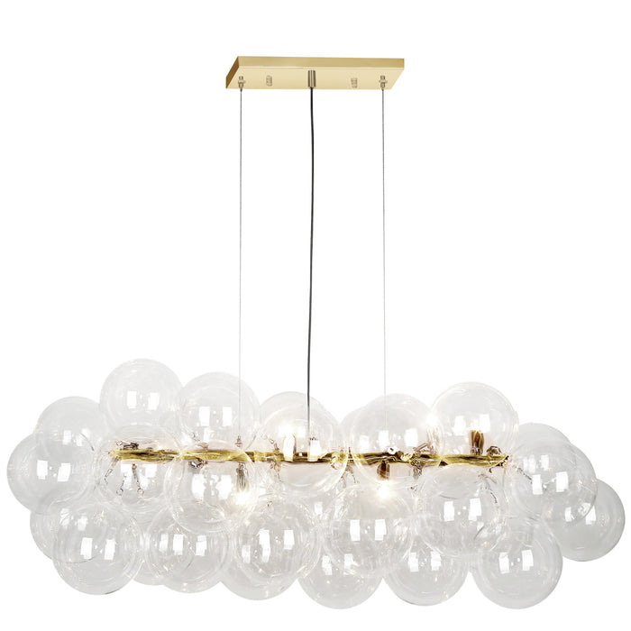 Luminaire suspendu horizontal Comet de Dainolite en verre transparent, avec fini laiton vieilli et 10 ampoules