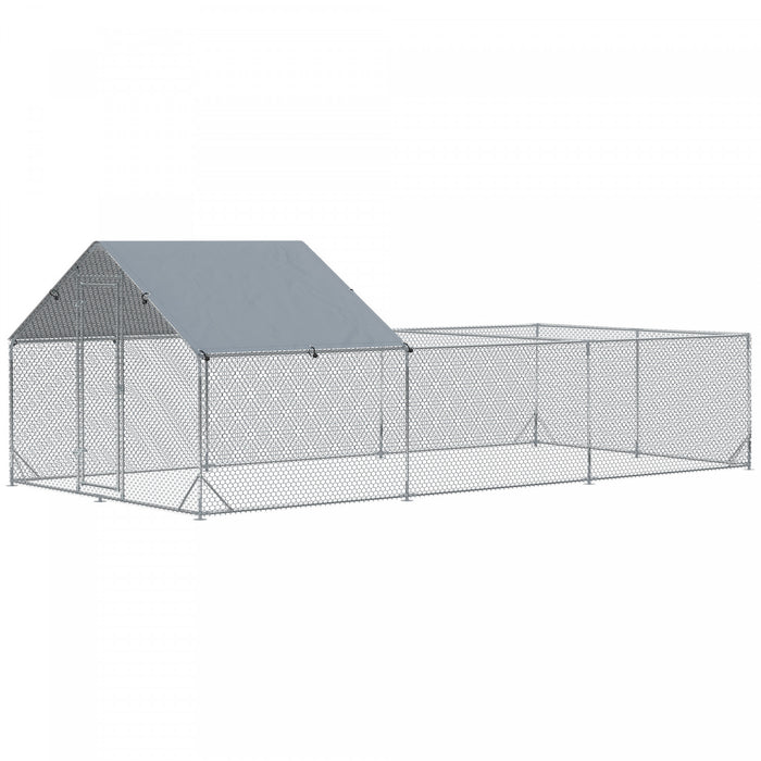 Pawhut Poulailler En Metal, 19.7' X 9.8' Avec Couverture Impermeable Et Anti-uv, Porte Pour 12-14 Poulets, Canards, Lapins, Pour L'exterieur, La Cour, La Ferme, Argente