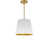 Petit luminaire suspendu de Dainolite avec très grand abat-jour cylindrique effilé blanc et doré, et 1 ampoule
