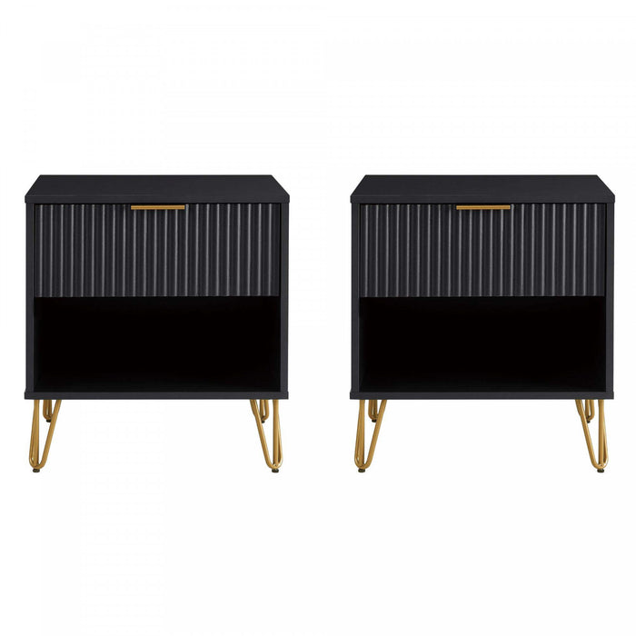 Table de nuit moderne Dumbo 20\" a cannelures en noir (1 tiroir) - Lot de 2