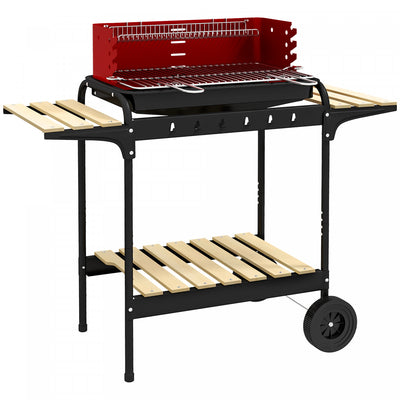 Outsunny Portable Outdoor Charcoal BBQ Grill with Adjustable Grill Height, Barbecue Trolley with Ash Catcher and Wheels for Outdoor Garden Party Cooking, Red