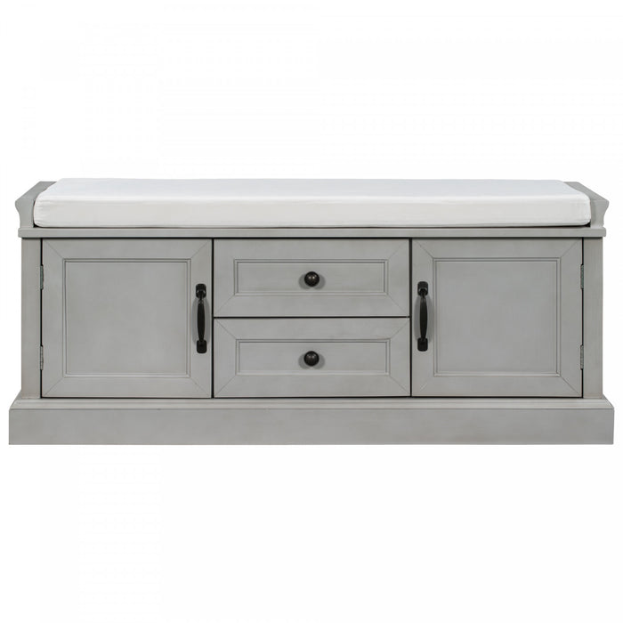 Banc De Rangement Boyce En Bois Massif Avec Meuble A Chaussures 4 Portes Et Coussin, Gris Patine