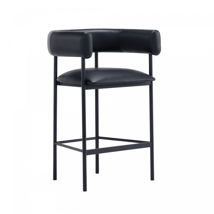 Tabouret de comptoir contemporain Onda en cuir vegetalien et metal, coloris noir