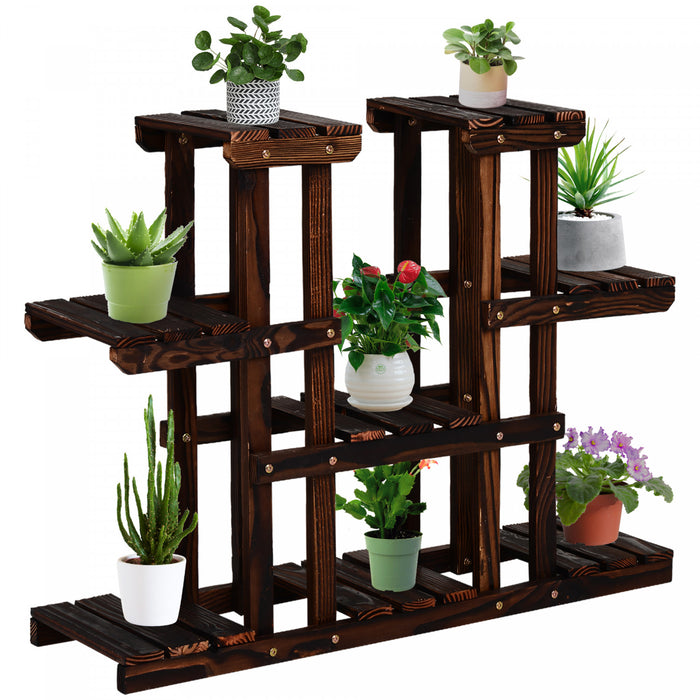 Support De Pot De Plante En Bois A 4 Niveaux Outsunny Support De Fleur Carbonise Vertical Etagere De Jardin Exterieur
