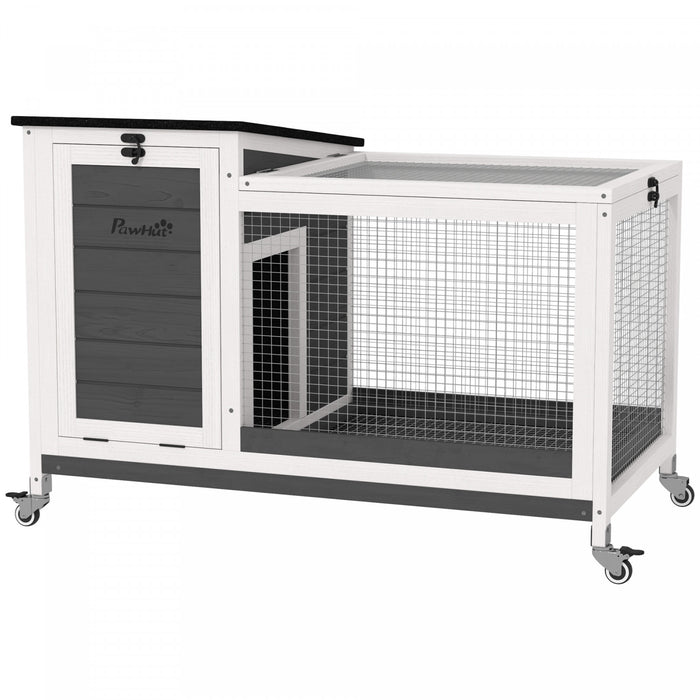 Pawhut Clapier A Lapin En Bois, Cage Pour Cochon D'inde Interieure Et Exterieure Avec Plateau Coulissant, Cage Pour Petits Animaux Sur Roues Avec Enclos, Gris Fonce