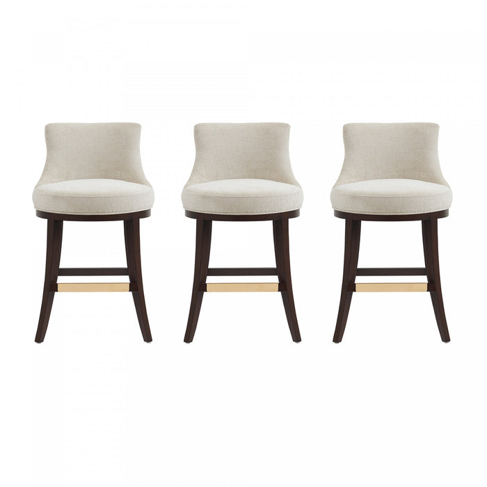 Tabouret de comptoir moderne en chenille Lucia avec structure en bois, naturel - Lot de 3