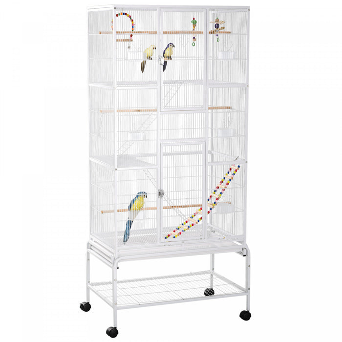 Cage A Oiseaux 71\" Avec Roues, Perchoirs, Rampe, Etagere