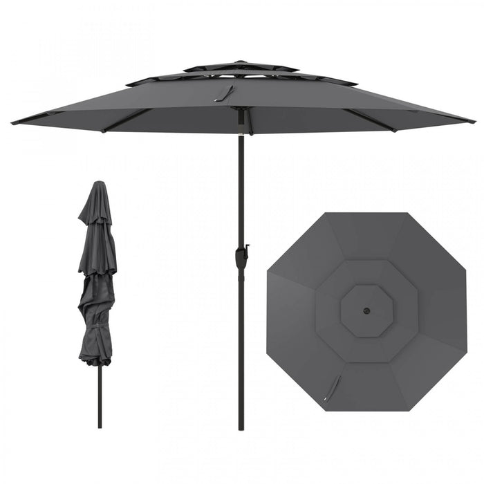 Costway Parasol de patio ventile a 3 niveaux de 10 pieds, grand parasol de table de marche, ombre solaire exterieure gris