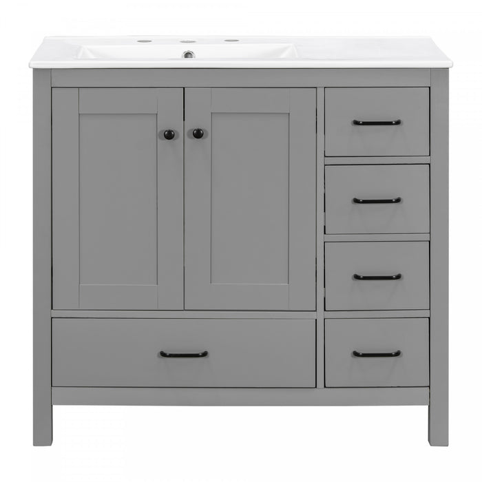 Meuble de salle de bain moderne Derek 36 pouces avec lavabo ceramique et rangement multiple, gris