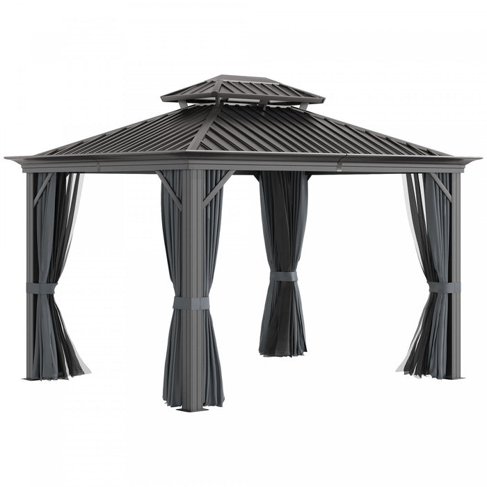 Outsunny 12' X 10' Tonnelle D'exterieur A Toit Rigide Avec Auvent En Acier Galvanise Et Parois Laterales En Filet Pour La Pelouse, Le Jardin, Gris Fonce