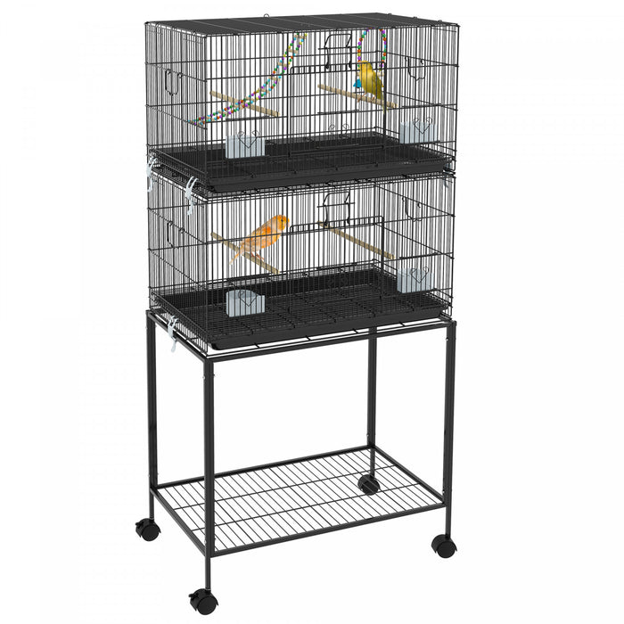 Double Cage A Oiseaux Empilable Sur Roulettes Avec Support