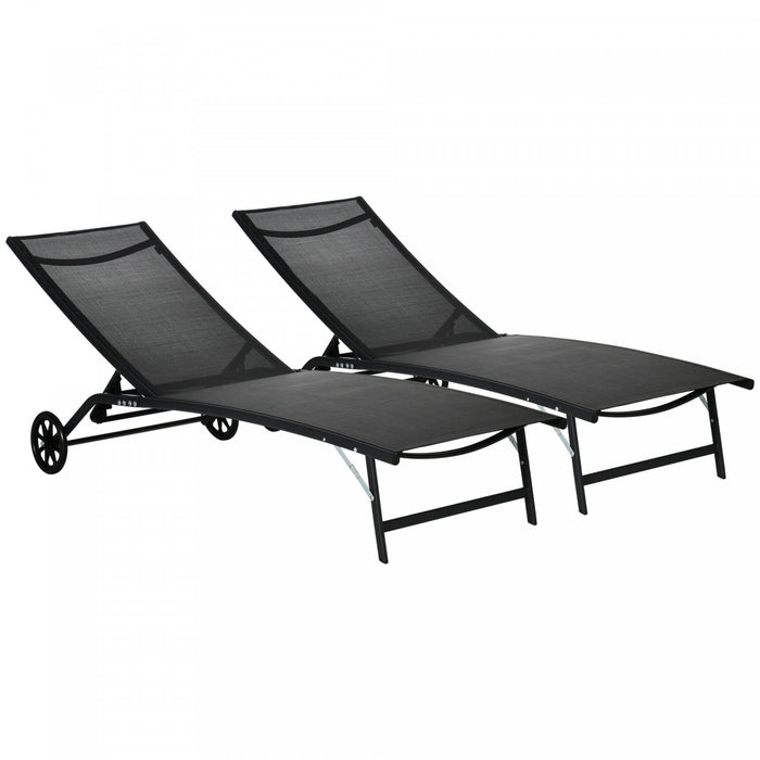 Outsunny Lot De 2 Chaise Longue, Chaises De Piscine Avec Deux Roues, Noir