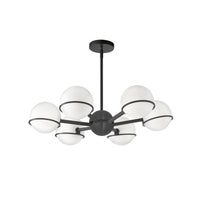 Lustre Sofia de Dainolite en verre blanc opale, avec fini noir mat et 6 ampoules