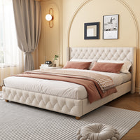  Lit plateforme en lin Haley avec tete de lit a ailes classiques et capitonnage en diamant, taille Queen, beige