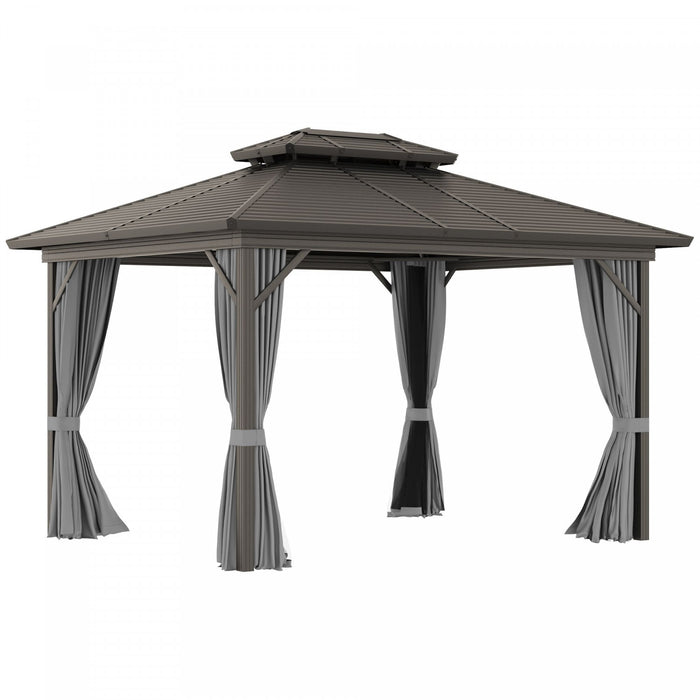 Outsunny 10' X 12' Tonnelle De Jardin Acier Hardtop Gazebo Jardin Abri Soleil Avec Moustiquaire Et Rideaux Crochet De Suspension Cadre En Aluminium Noir