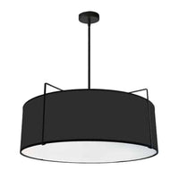 Luminaire suspendu Trapezoid de Dainolite avec abat-jour cylindrique noir qui diffuse la lumière, tissu blanc et 4 ampoules